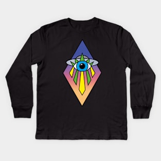UFO Evil Eye Art Deco Geometric Diamond Shape sunset Sky Space Illuminati Pyramid Kids Long Sleeve T-Shirt
